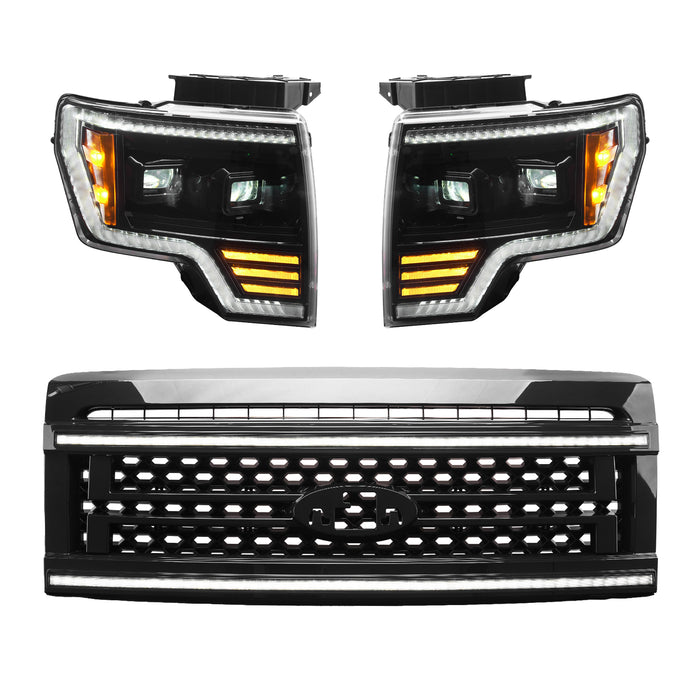 OLM Essential Series Headlight and DRL Grille 2pc Bundle - 2009-2014 Ford F150