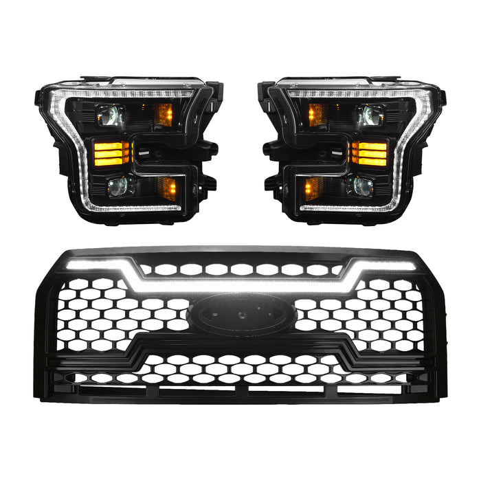 OLM Essential Series Headlight and DRL Grille 2pc Bundle - 2015-2017 Ford F150