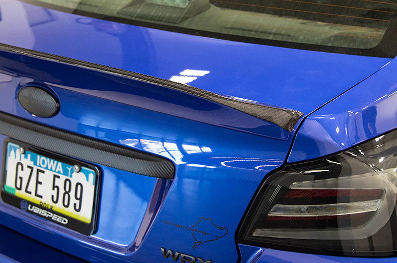 OLM Paint Matched Duckbill Spoiler w/Carbon Fiber Center Line (World Rally Blue) - 15+ WRX / STI